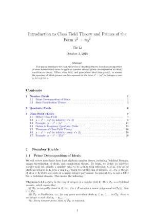 Introduction to Class Field Theory and Primes of the Form X + Ny