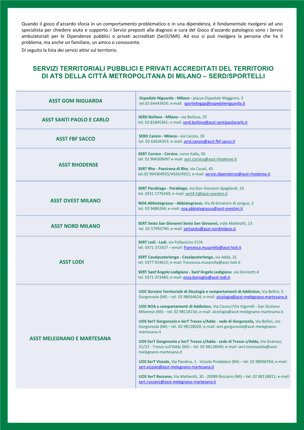 Servizi Territoriali Pubblici E Privati Accreditati Del Territorio Di Ats Della Città Metropolitana Di Milano – Serd/Sportelli