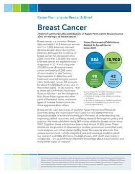 Breast Cancer This Brief Summarizes the Contributions of Kaiser Permanente Research Since 2007 on the Topic of Breast Cancer