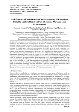 Anti-Tumor and Anti-Ovarian Cancer Screening of Compound from the Leaf Methanol Extract of Annona Muricata Linn (Annonaceae)