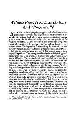 William Penn: How Does He Rate As a "Proprietor"?