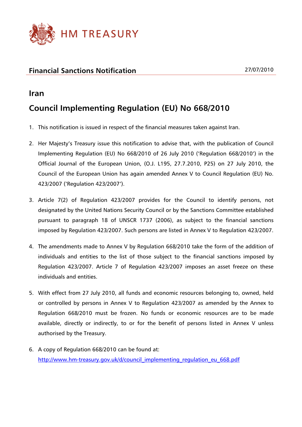 UK HMT: Financial Sanctions Against Iran