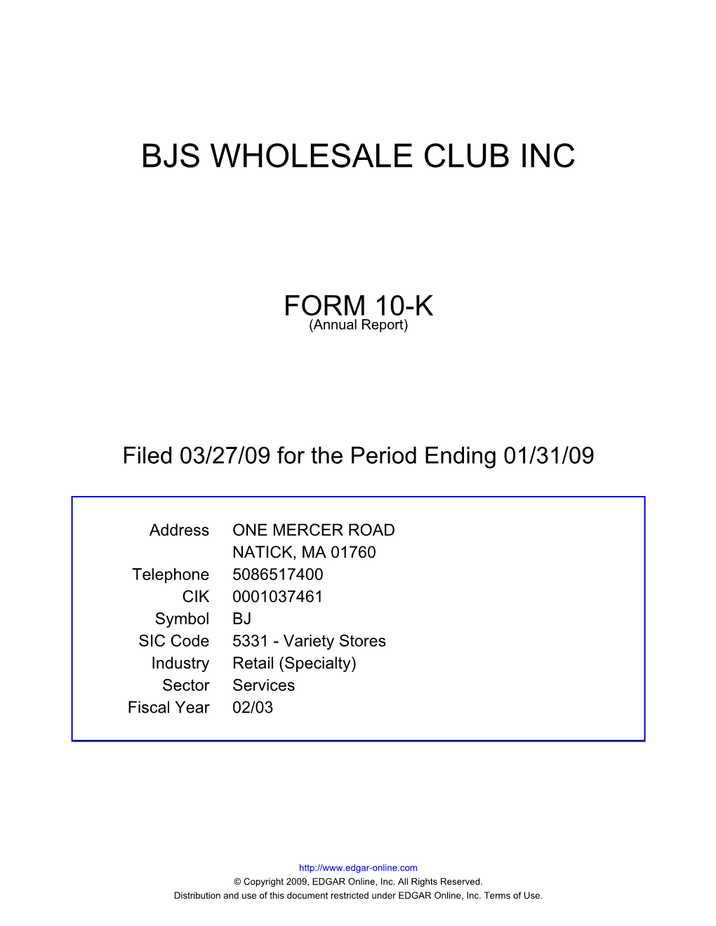 Bjs Wholesale Club Inc