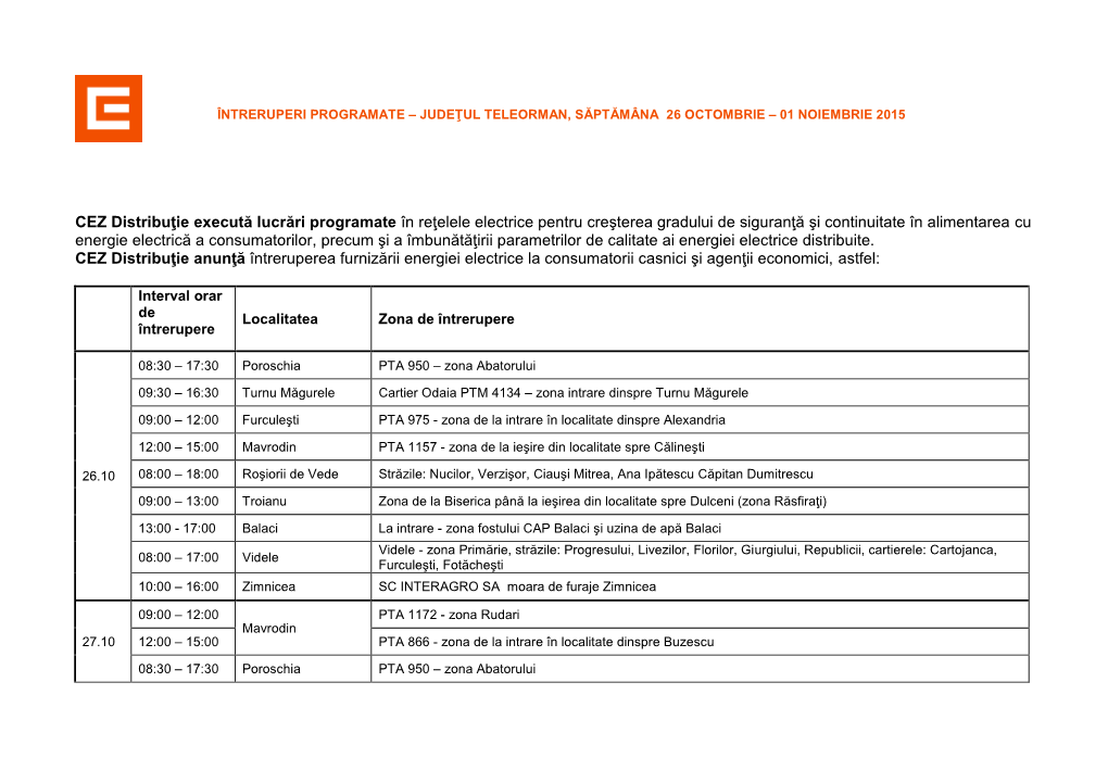 CEZ Distribuţie Execută Lucrări Programate În