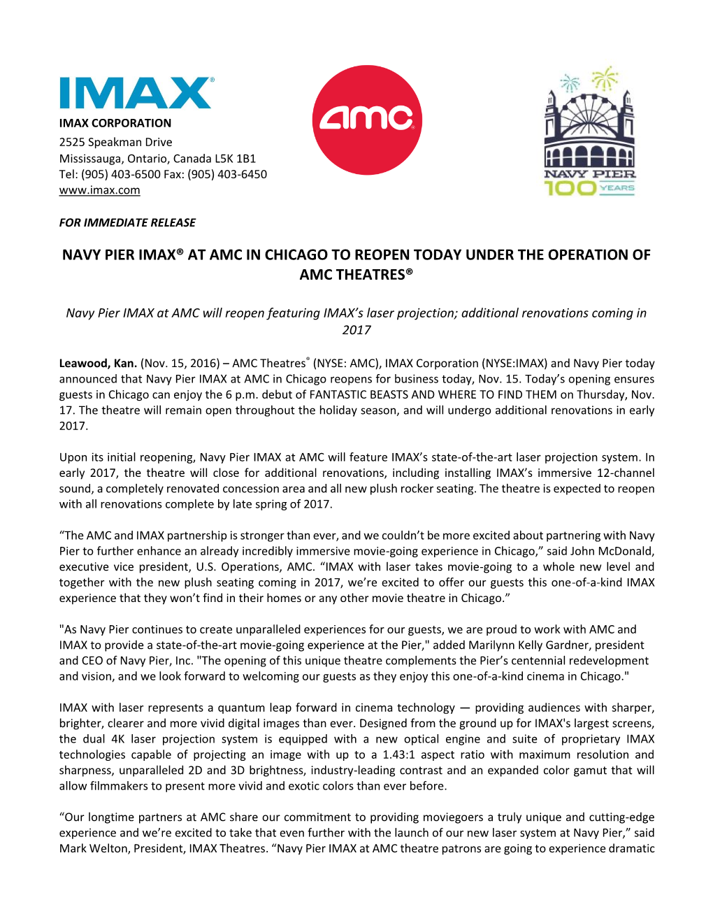 Navy Pier Imax® at Amc in Chicago to Reopen Today Under the Operation of Amc Theatres®