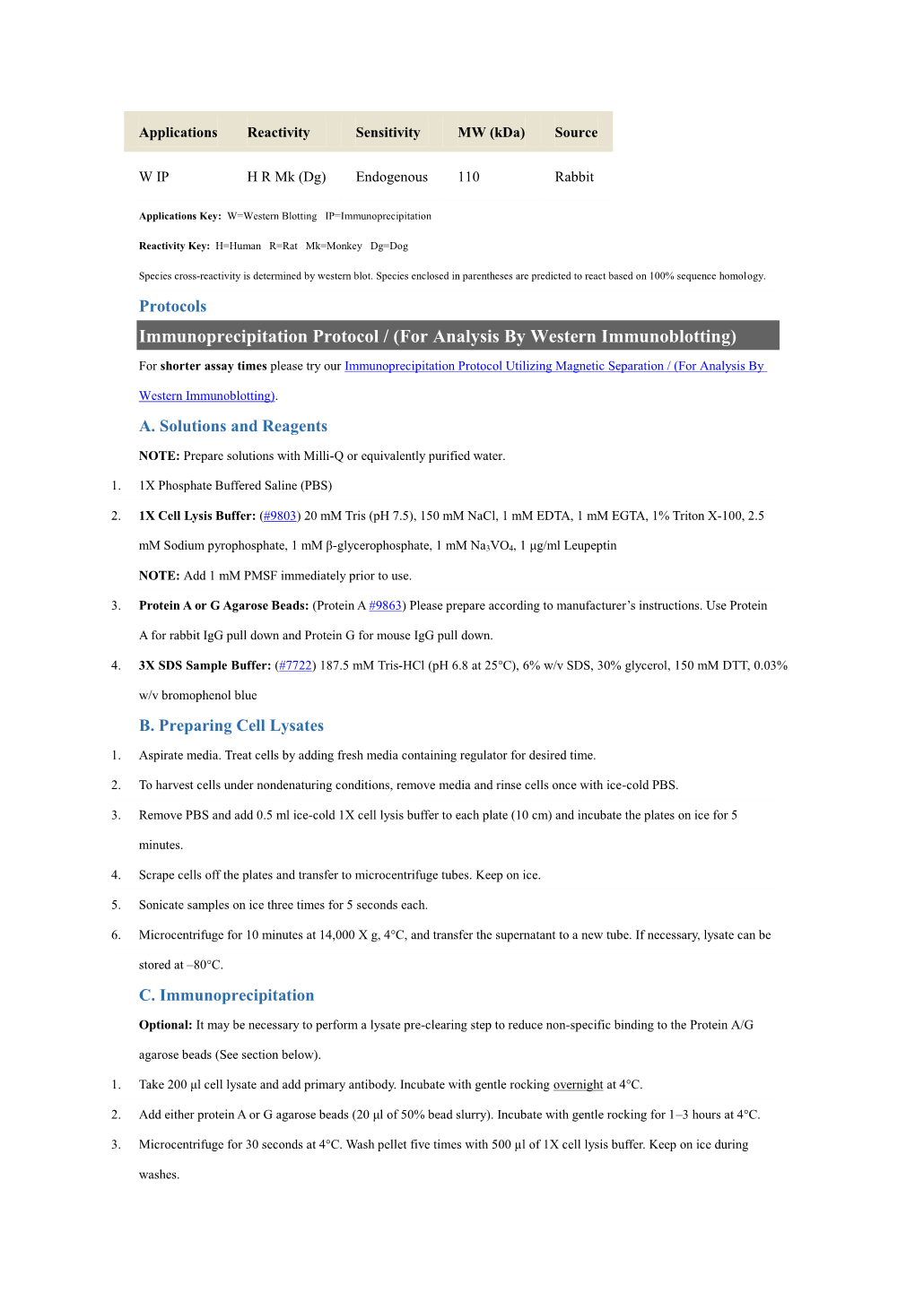 Immunoprecipitation Protocol / (For Analysis by Western Immunoblotting)