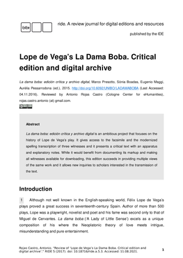 Lope De Vega's La Dama Boba. Critical Edition and Digital Archive