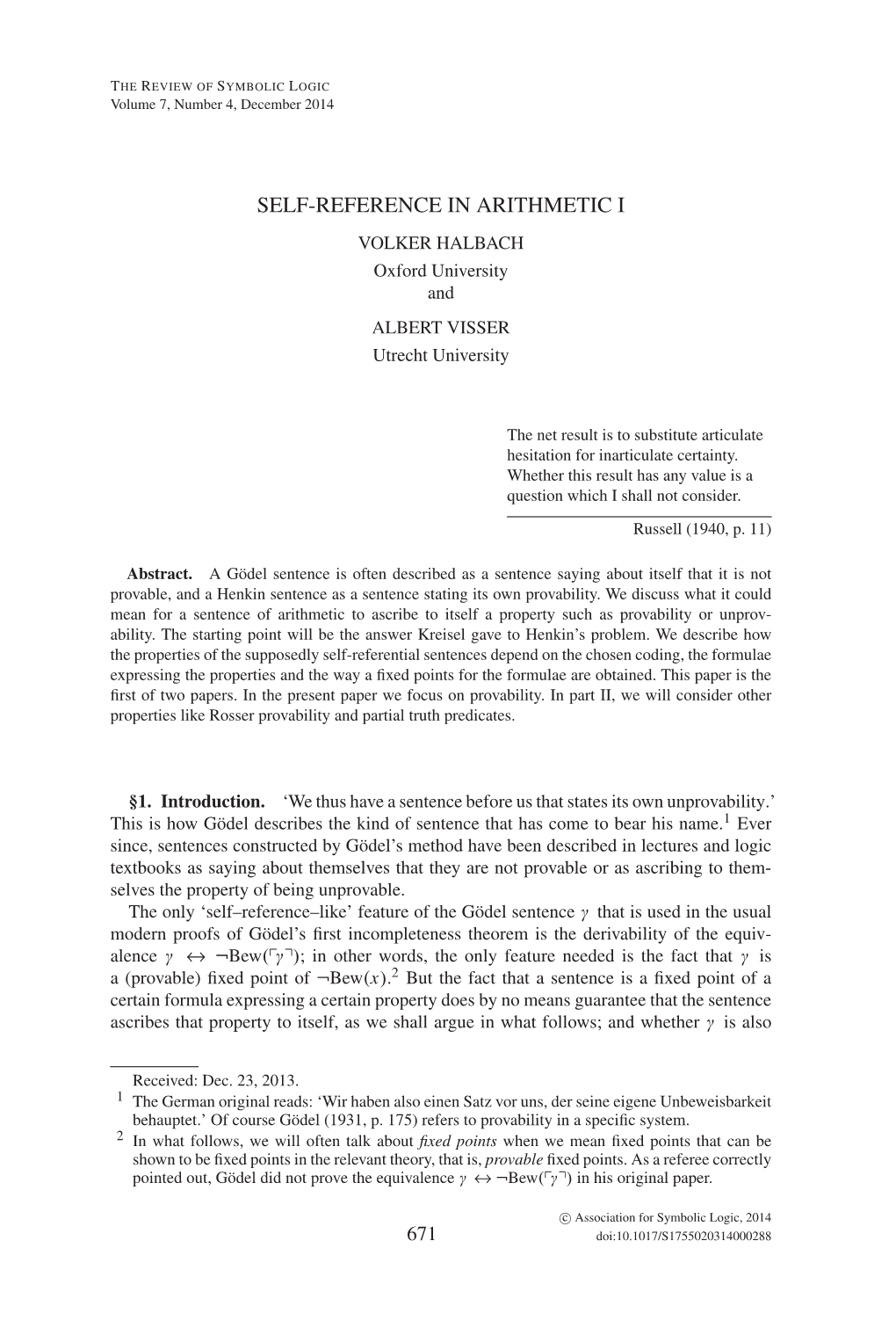 SELF-REFERENCE in ARITHMETIC I VOLKER HALBACH Oxford University and ALBERT VISSER Utrecht University