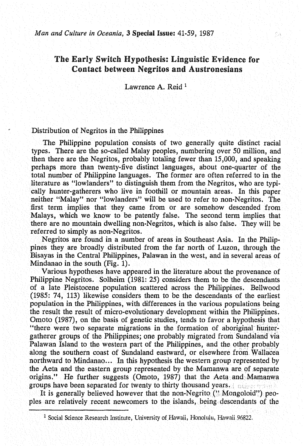 The Early Switch Hypothesis: Linguistic Evidence for Contact Between Negrltes and Austroneslans