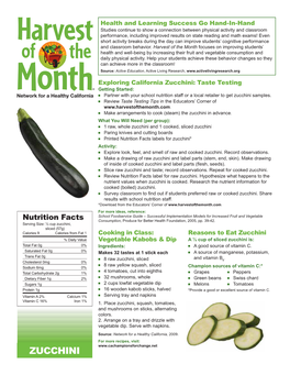 Zucchini: Taste Testing Getting Started: Network for a Healthy California ■ Partner with Your School Nutrition Staff Or a Local Retailer to Get Zucchini Samples