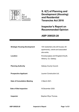 (Housing) and Residential Tenancies Act 2016 Inspector's Report On