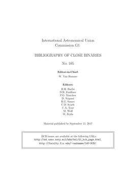 International Astronomical Union Commission G1 BIBLIOGRAPHY of CLOSE BINARIES No