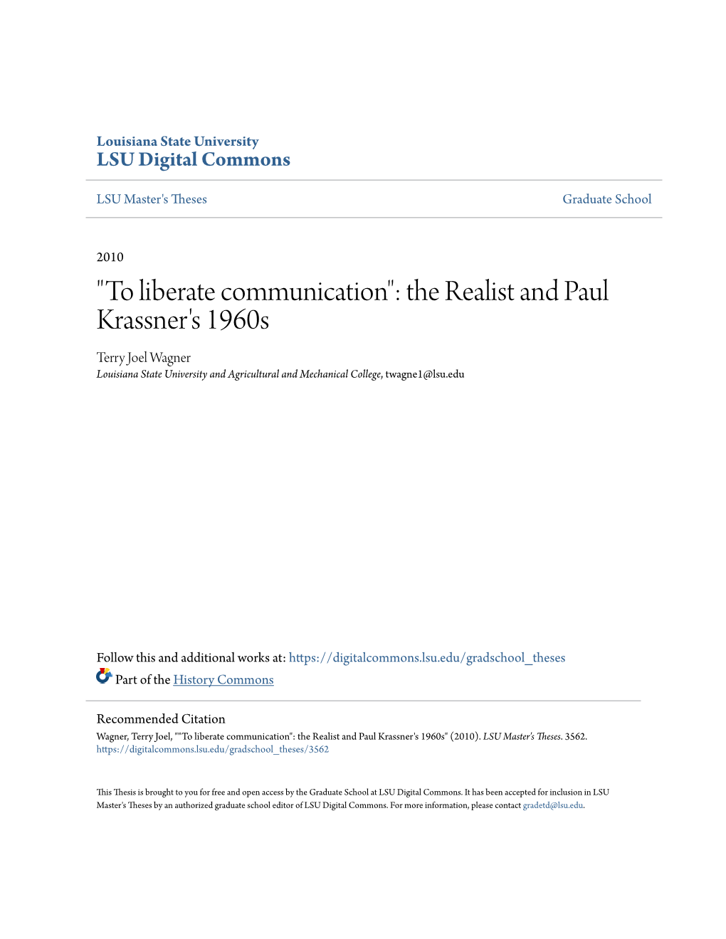 The Realist and Paul Krassner's 1960S Terry Joel Wagner Louisiana State University and Agricultural and Mechanical College, Twagne1@Lsu.Edu