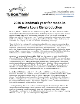 2020 a Landmark Year for Made-‐In-‐ Alberta Louis Riel Production