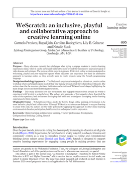 Wescratch: an Inclusive, Playful Learning Online and Collaborative Approach to Creative Learning Online Carmelo Presicce, Rupal Jain, Carolina Rodeghiero, Lily E