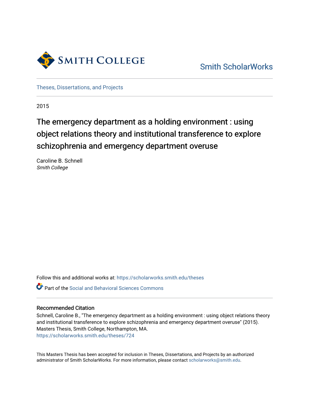 Using Object Relations Theory and Institutional Transference to Explore Schizophrenia and Emergency Department Overuse