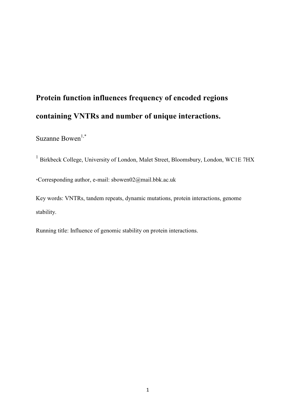 Protein Function Influences Frequency of Encoded Regions Containing Vntrs and Number of Unique Interactions