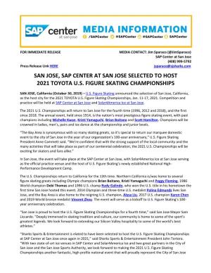 San Jose, Sap Center at San Jose Selected to Host 2021 Toyota U.S