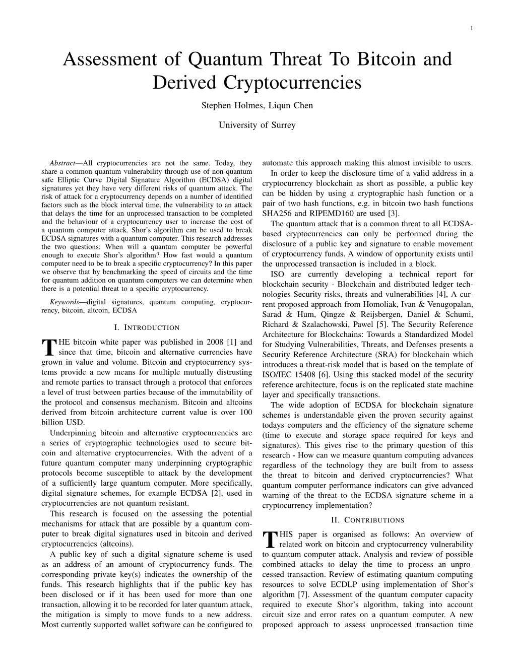 Assessment of Quantum Threat to Bitcoin and Derived Cryptocurrencies Stephen Holmes, Liqun Chen