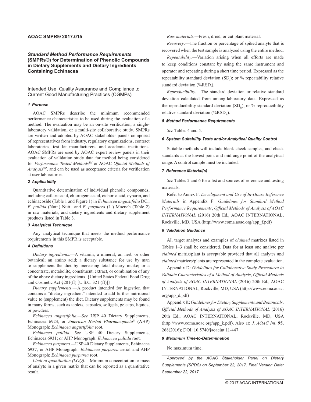 AOAC SMPR® 2017.015 Standard Method Performance Requirements