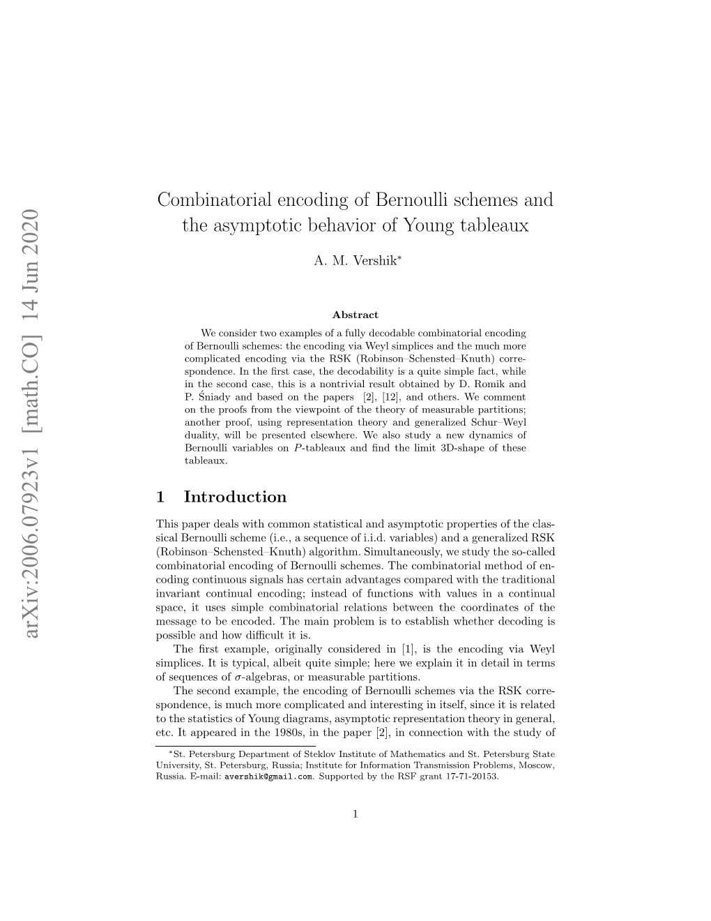 Combinatorial Encoding of Bernoulli Schemes and the Asymptotic