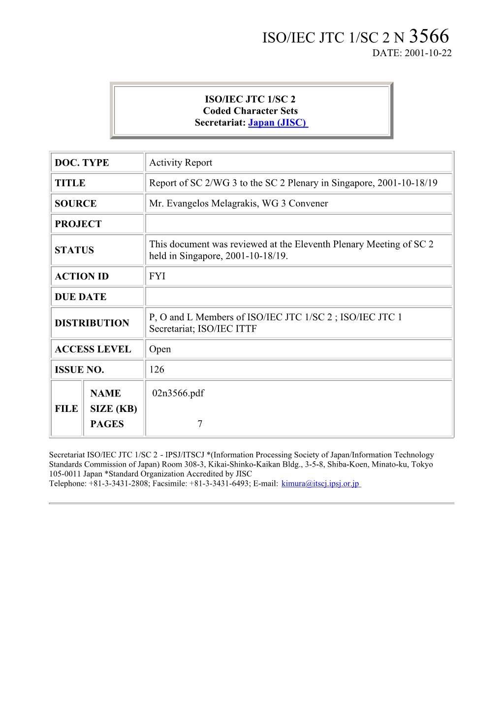 Iso/Iec Jtc 1/Sc 2 N 3566 Date: 2001-10-22