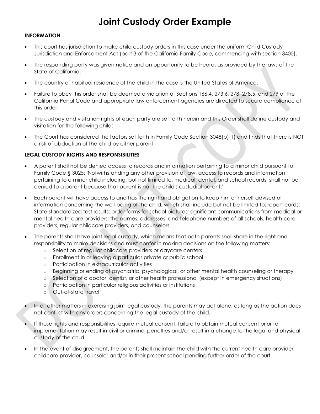 Joint Custody Order Example