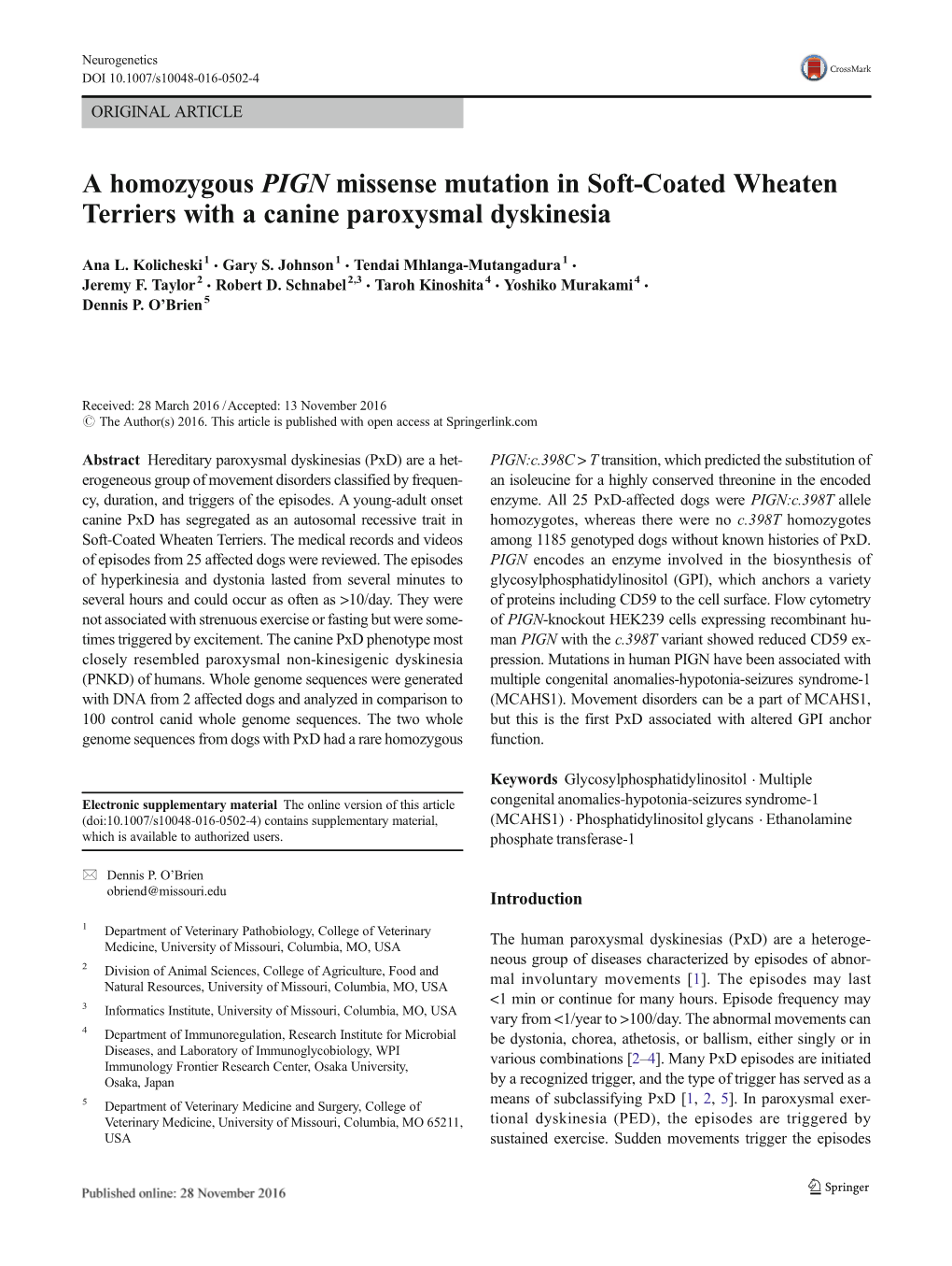 A Homozygous PIGN Missense Mutation in Soft-Coated Wheaten Terriers with a Canine Paroxysmal Dyskinesia