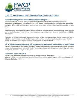 Coastal Region Fish and Wildlife Project List 2021–2022