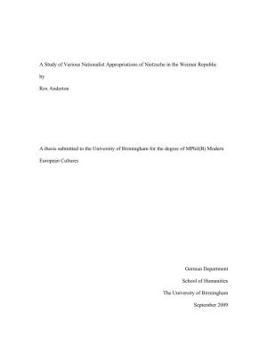 A Study of Various Nationalist Appropriations of Nietzsche in the Weimar Republic By