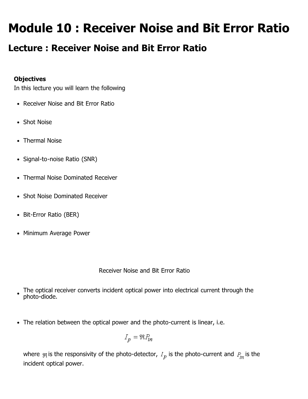 Module 10 : Receiver Noise and Bit Error Ratio