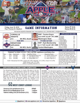 GAME INFORMATION Home #4 (0-3) Wenatchee Applesox Baseball Club | | 509-665-6900 | Info@Applesox.Com