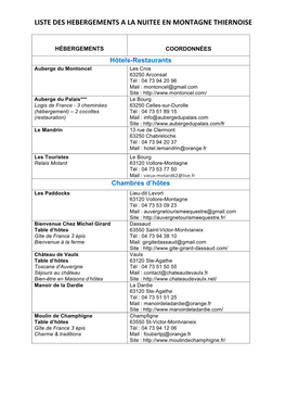 Liste Des Hebergements a La Nuitee En Montagne Thiernoise