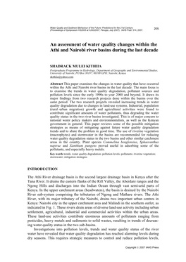 An Assessment of Water Quality Changes Within the Athi and Nairobi River Basins During the Last Decade