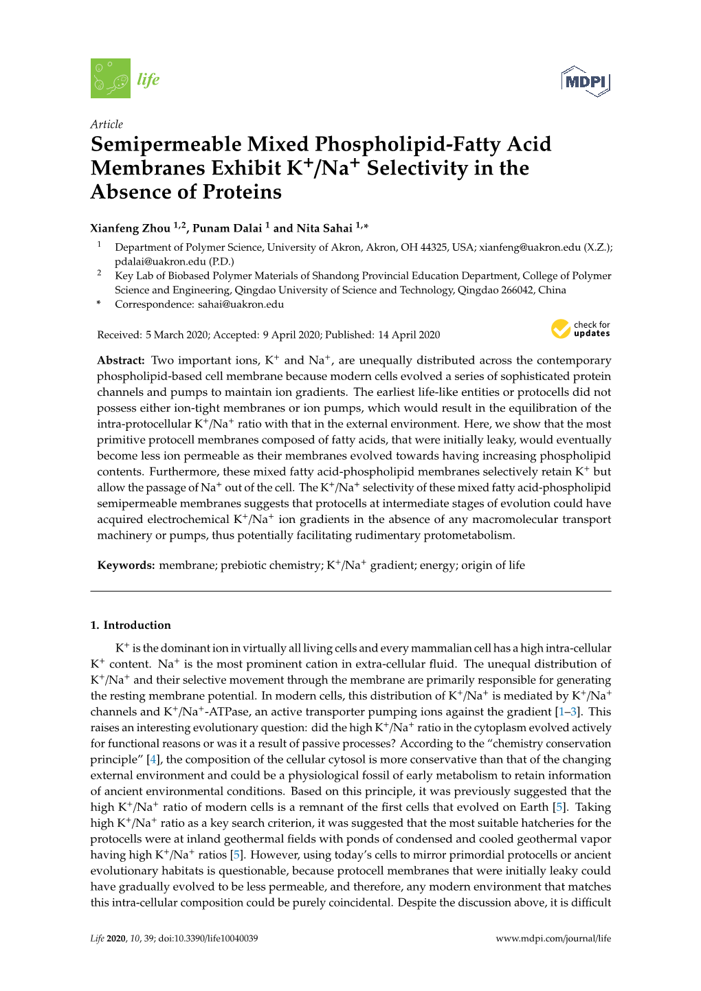 Semipermeable Mixed Phospholipid-Fatty Acid Membranes Exhibit K+/Na+ Selectivity in the Absence of Proteins