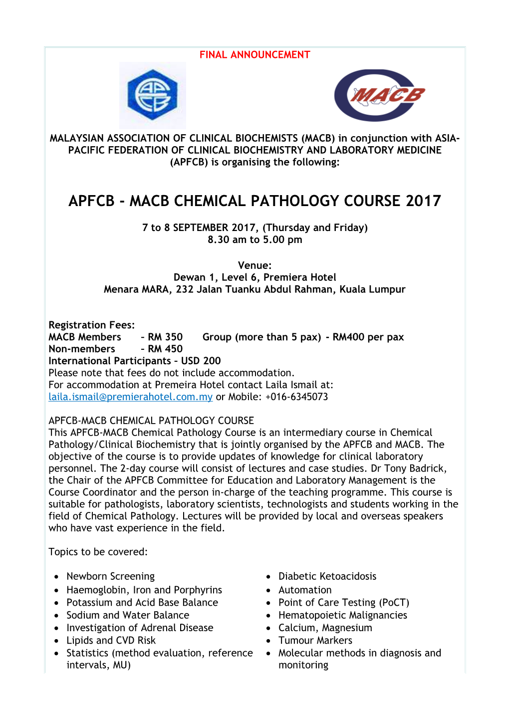 Apfcb - Macb Chemical Pathology Course 2017