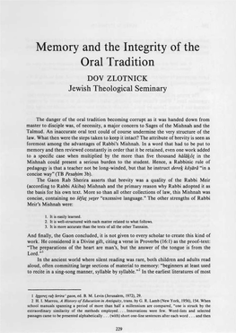 Memory and the Integrity of the Oral Tradition DOV ZLOTNICK Jewish Theological Seminary
