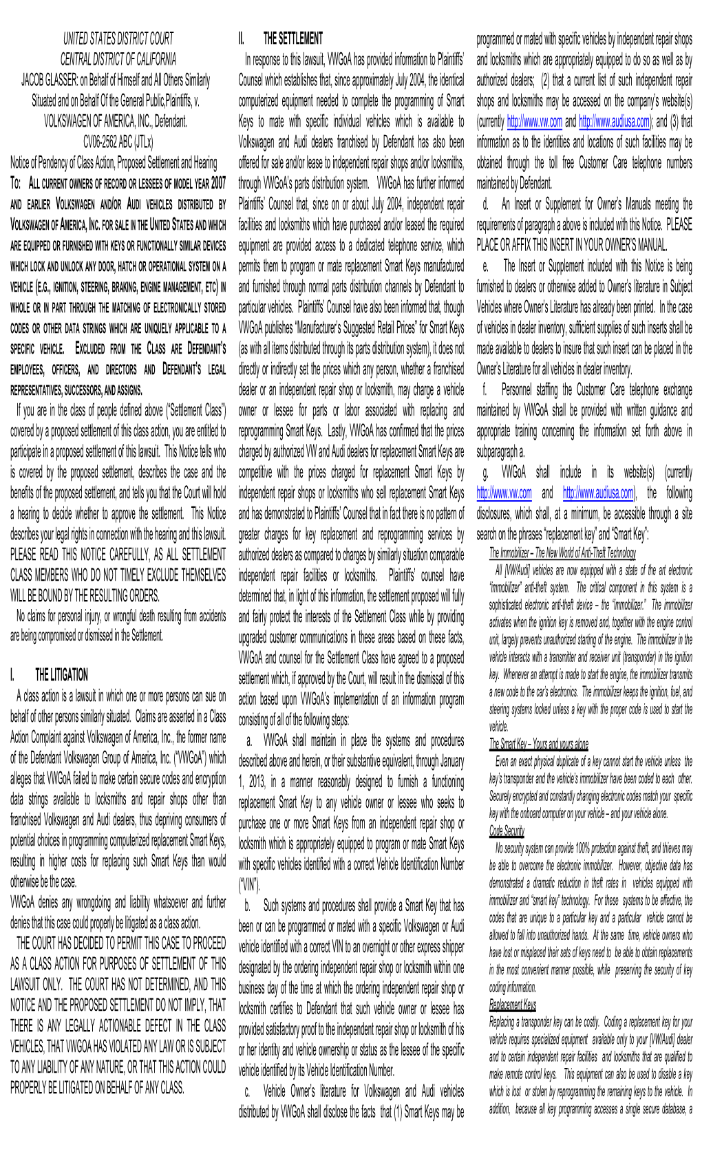 UNITED STATES DISTRICT COURT CENTRAL DISTRICT of CALIFORNIA JACOB GLASSER: on Behalf of Himself and All Others Similarly Situate