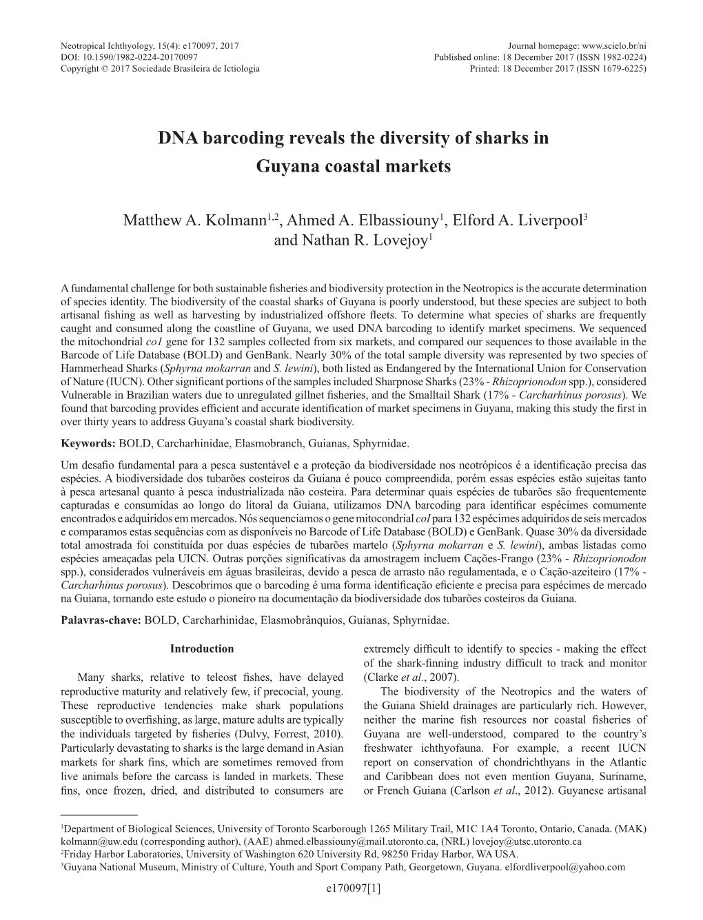 DNA Barcoding Reveals the Diversity of Sharks in Guyana Coastal Markets