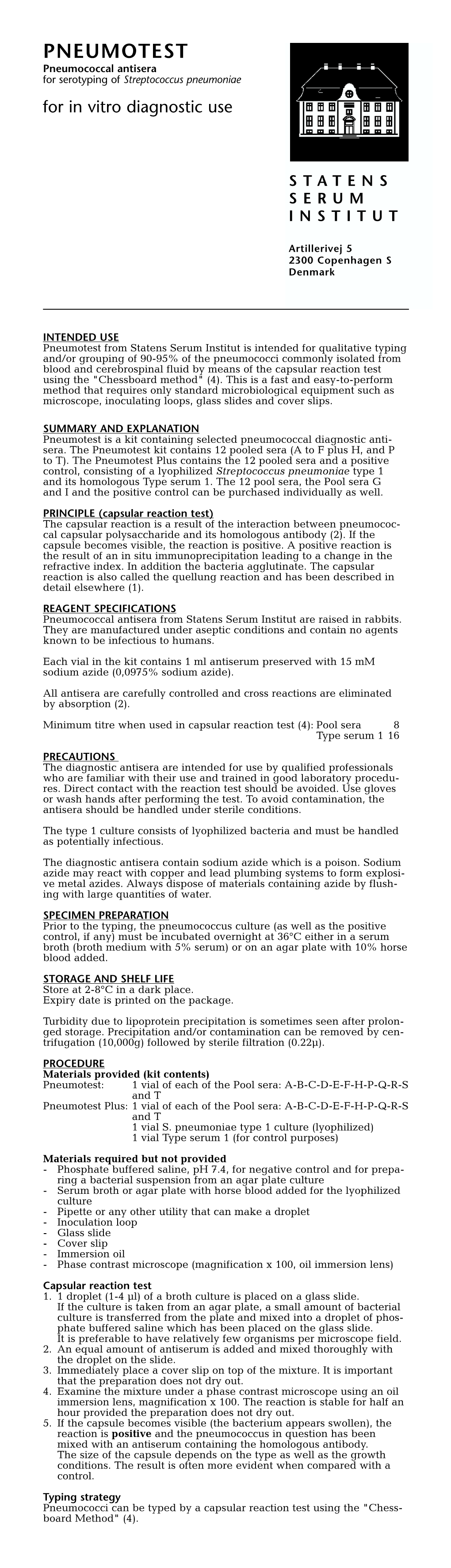 PNEUMOTEST Pneumococcal Antisera for Serotyping of Streptococcus Pneumoniae for in Vitro Diagnostic Use