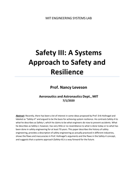 Safety III: a Systems Approach to Safety and Resilience