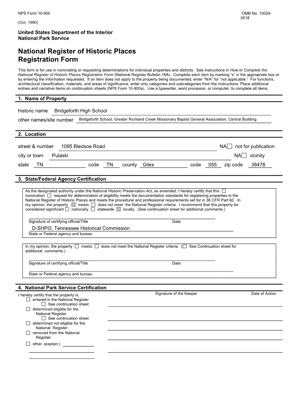 NPS Form 10-900 OMB No