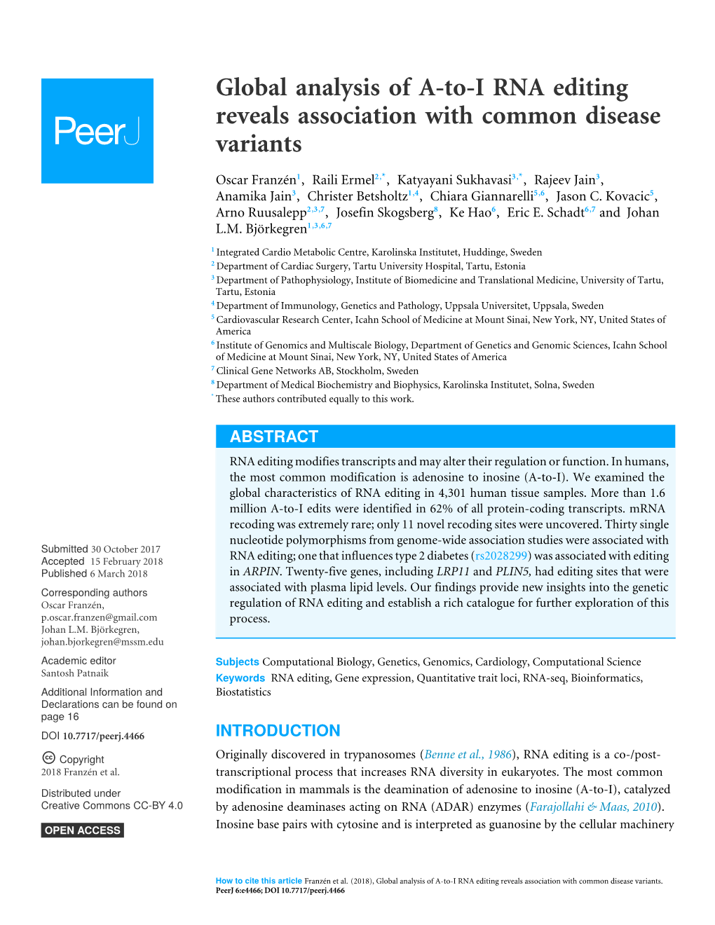 Global Analysis of A-To-I RNA Editing Reveals Association with Common Disease Variants