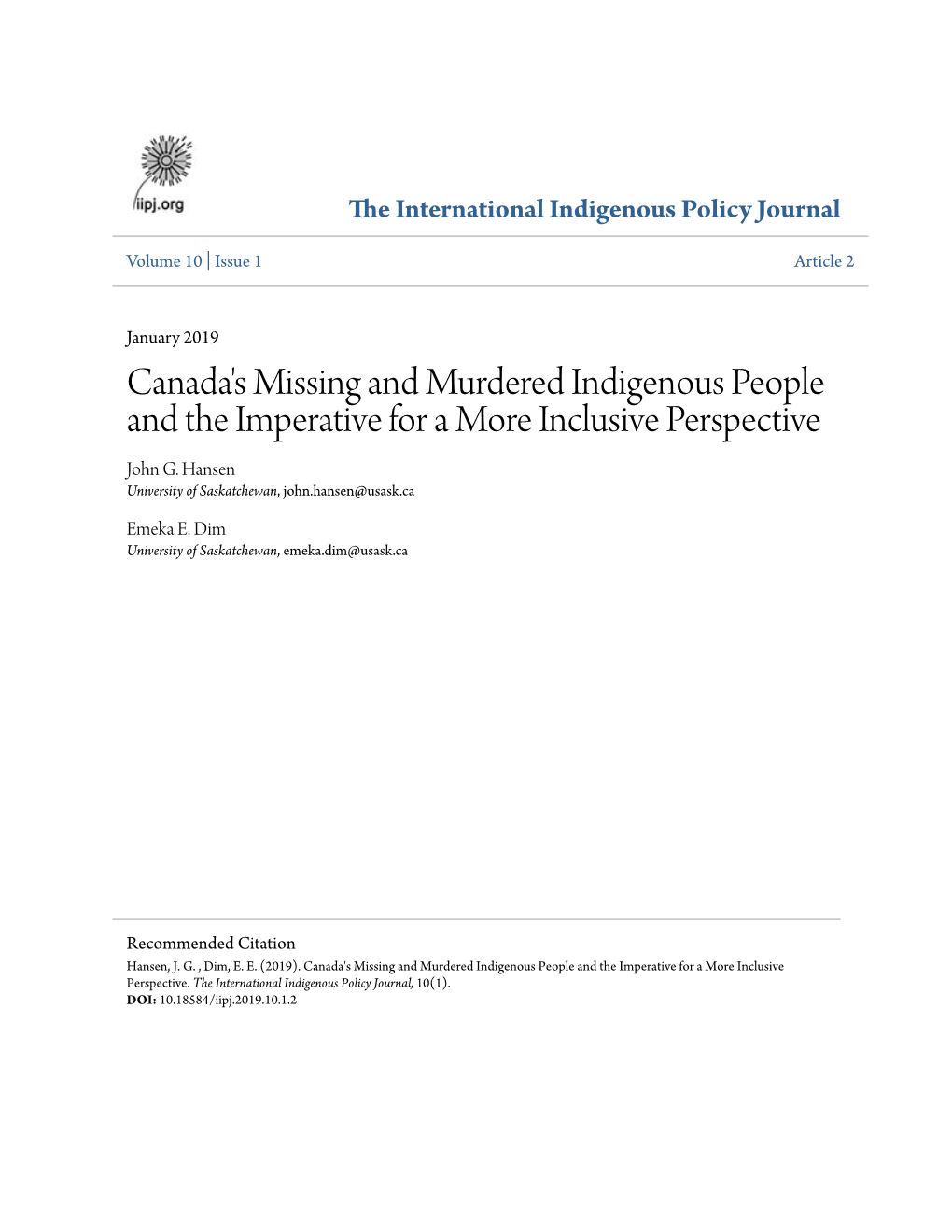 Canada's Missing and Murdered Indigenous People and the Imperative for a More Inclusive Perspective John G