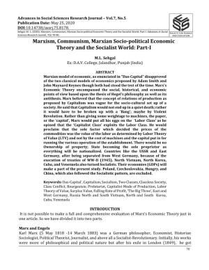 Marxism, Communism, Marxian Socio-Political Economic Theory and the Socialist World: Part-I