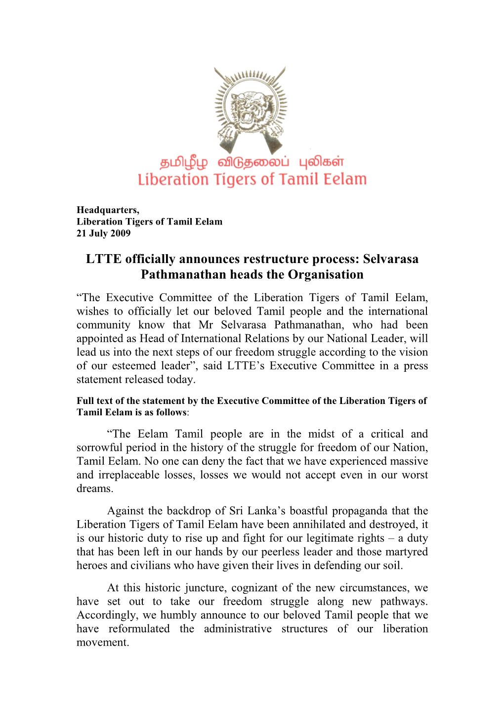 LTTE Officially Announces Restructure Process: Selvarasa Pathmanathan Heads the Organisation