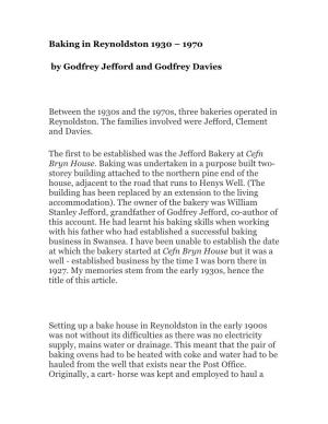 Baking in Reynoldston 1930 – 1970 by Godfrey Jefford and Godfrey