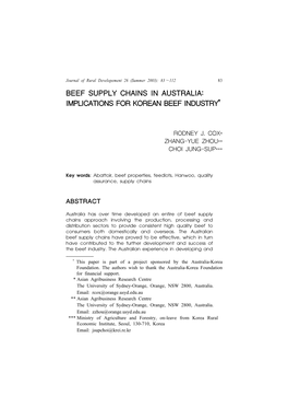 Beef Supply Chains in Australia: Implications for Korean Beef Industry†