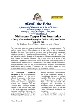 Nidhanpur Copper Plate Inscription a Study of the Earliest Epigraphic Evidence of Syhlet-Cachar Kalpana Sen Ph