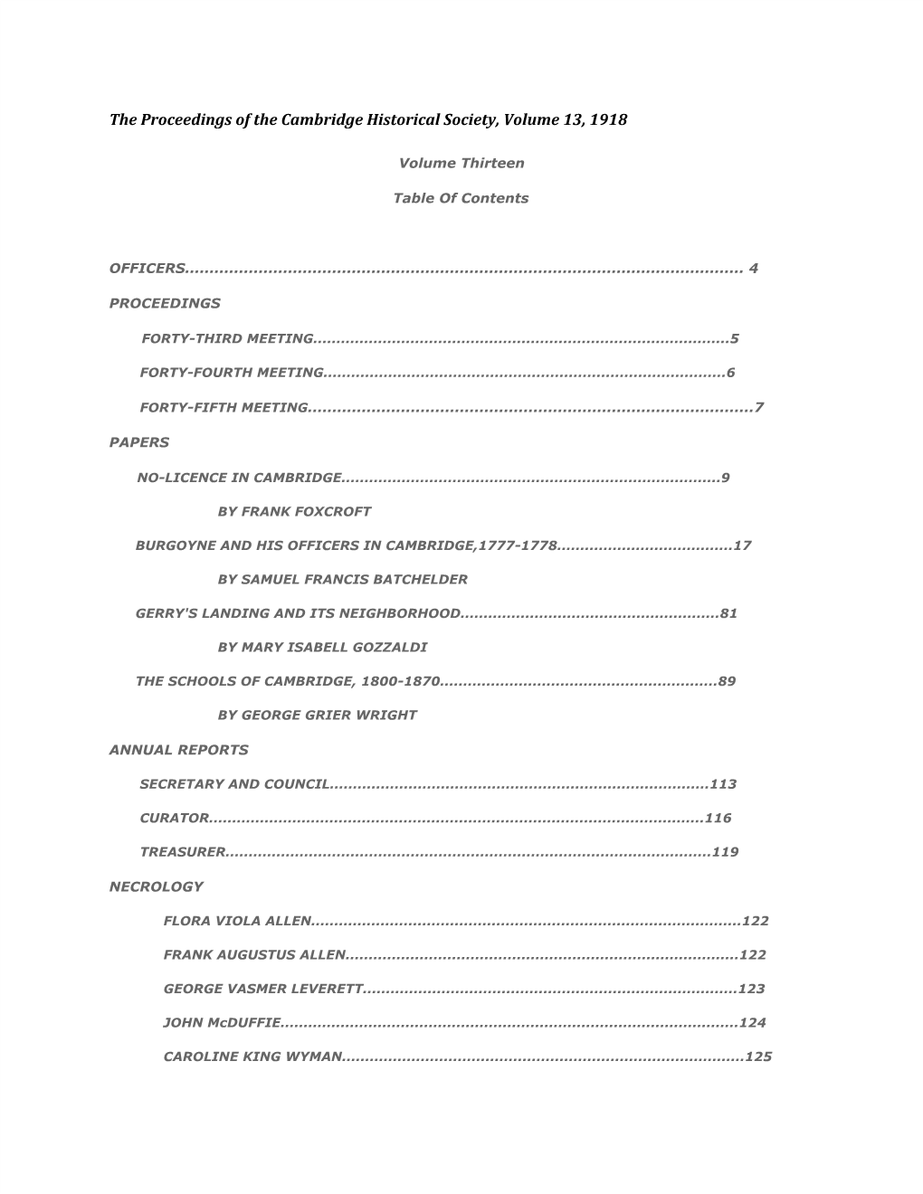 The Proceedings of the Cambridge Historical Society, Volume 13, 1918